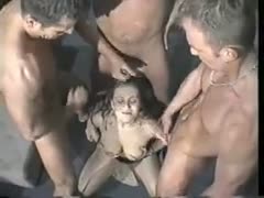 The neighborhood bar's golden-haired German hottie consented to a rigorous group sex.